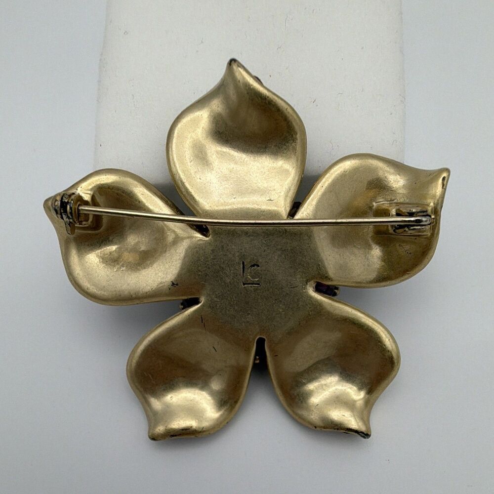 Gold Tone Pink & Red Rhinestone Flower Brooch Pin - Picture 2 of 4
